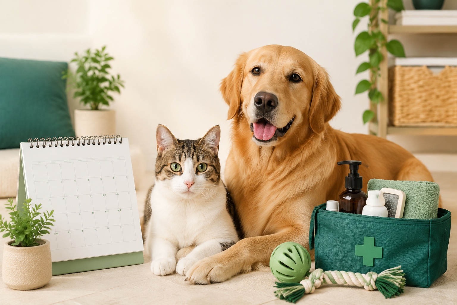 在家中陪伴的猫咪和金毛犬